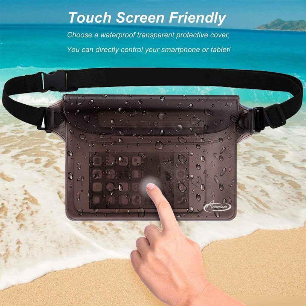 AiRunTech Waterproof Pouch with Waist Strap (2 Pack) | Beach Accessories Best Way to Keep Your Phone and Valuables Safe and Dry | Perfect for Boating Swimming Snorkeling Kayaking Beach Poo(Gray+Black)