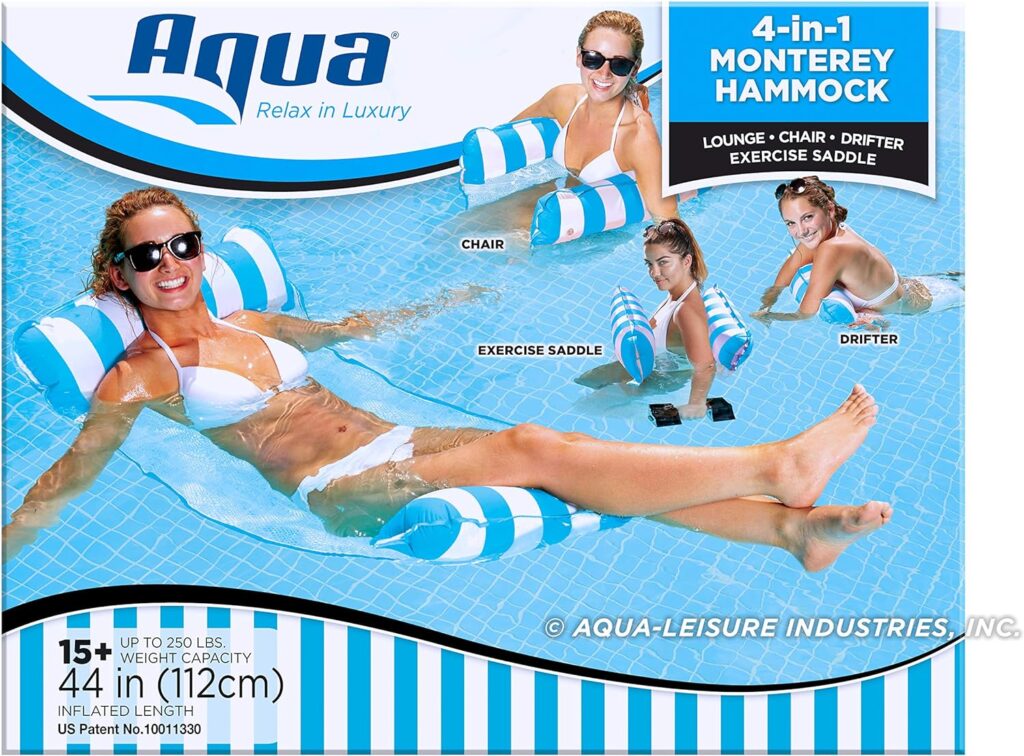 Aqua Original 4-in-1 Monterey Hammock Pool Float Water Hammock – Multi-Purpose, Inflatable Pool Floats for Adults – Patented Thick, Non-Stick PVC Material