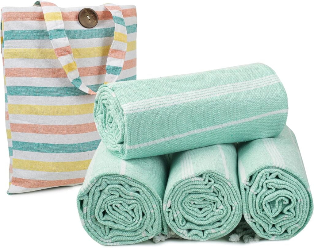 HILLFAIR 100% Cotton Turkish Beach Towels- Hammam Turkish Towel- 39 x 72 XXL Oversized Beach Towels for Adults- Light Sand Free Beach Bath Towels- Clearance Gifts Beach Accessories-Set of 4-Mint