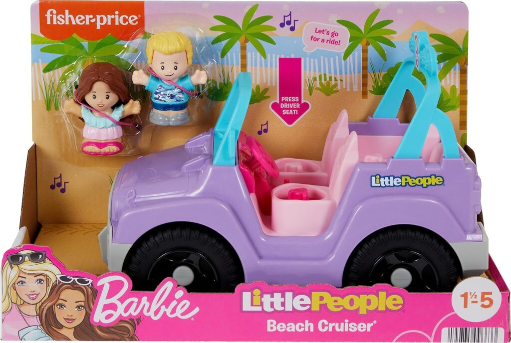 Little People Barbie Toy Car Beach Cruiser with Music Sounds and 2 Figures for Pretend Play Ages 18+ Months