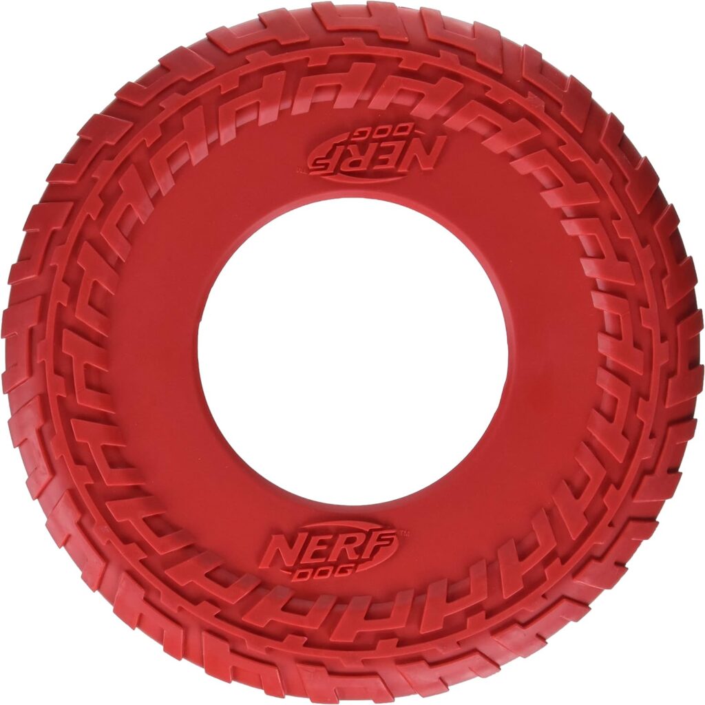 Nerf Dog Rubber Tire Flyer Dog Toy, Flying Disc, Lightweight, Durable, Floats in Water, Great for Beach and Pool, 10 Inch Diameter, for Medium/Large Breeds, Single Unit, Blue, Original